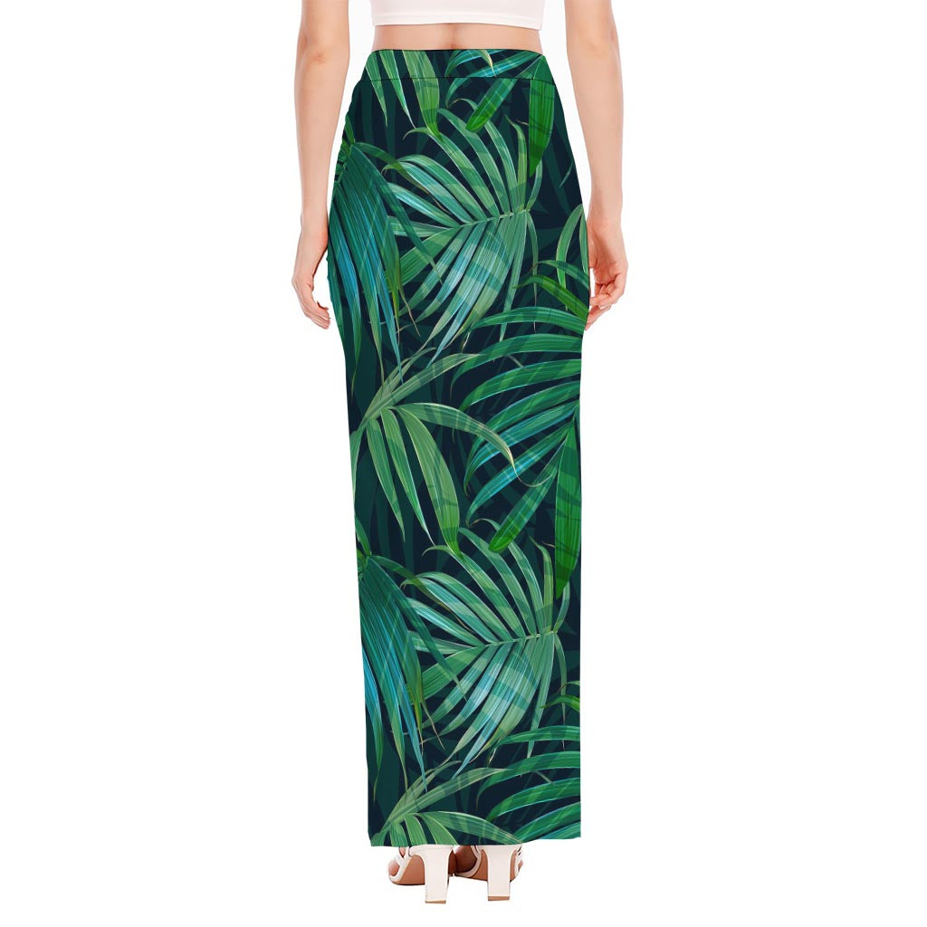 Dark Tropical Palm Leaves Pattern Print High Slit Maxi Skirt