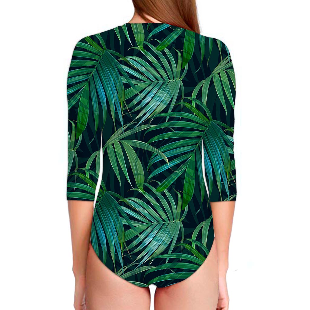 Dark Tropical Palm Leaves Pattern Print Long Sleeve Swimsuit