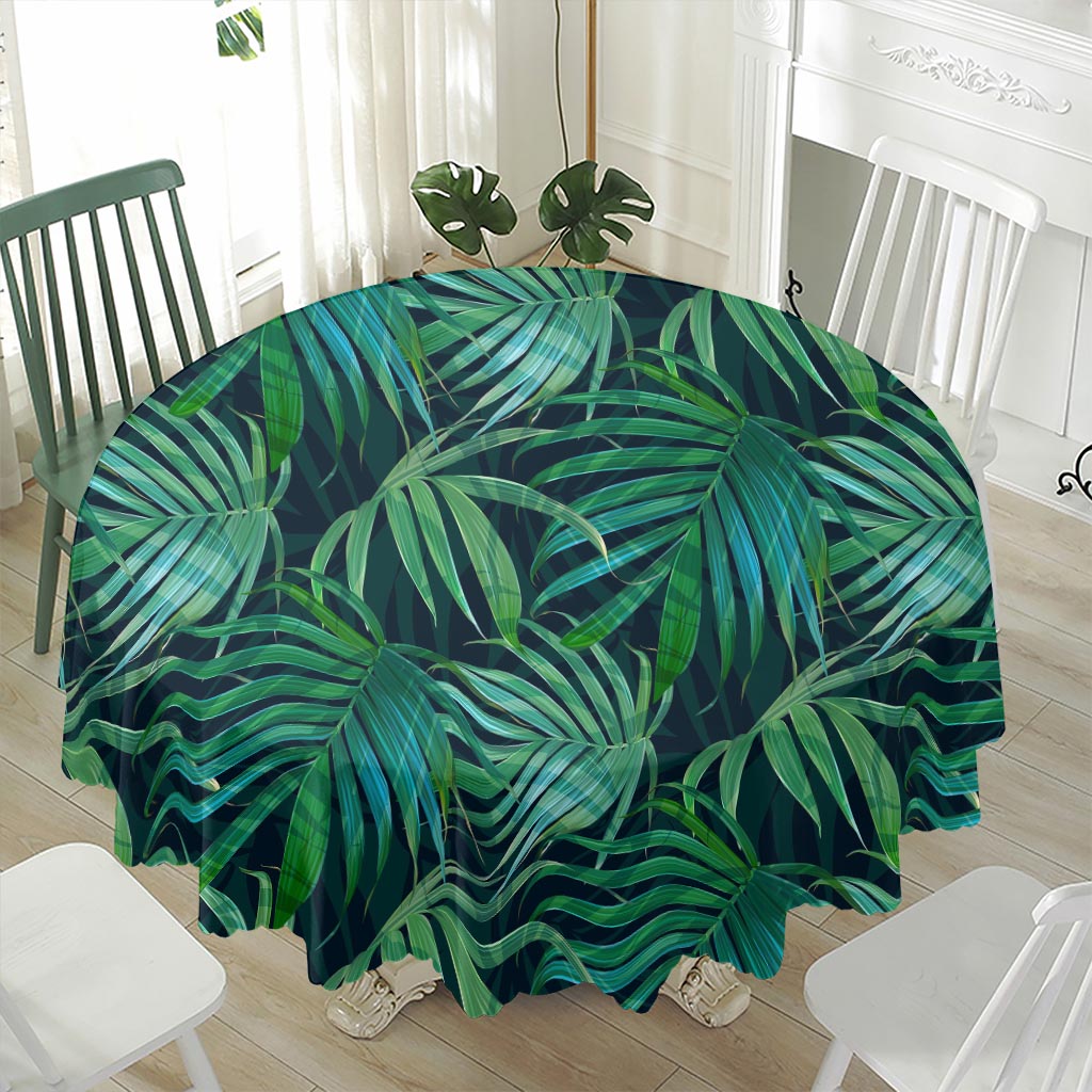 Dark Tropical Palm Leaves Pattern Print Waterproof Round Tablecloth