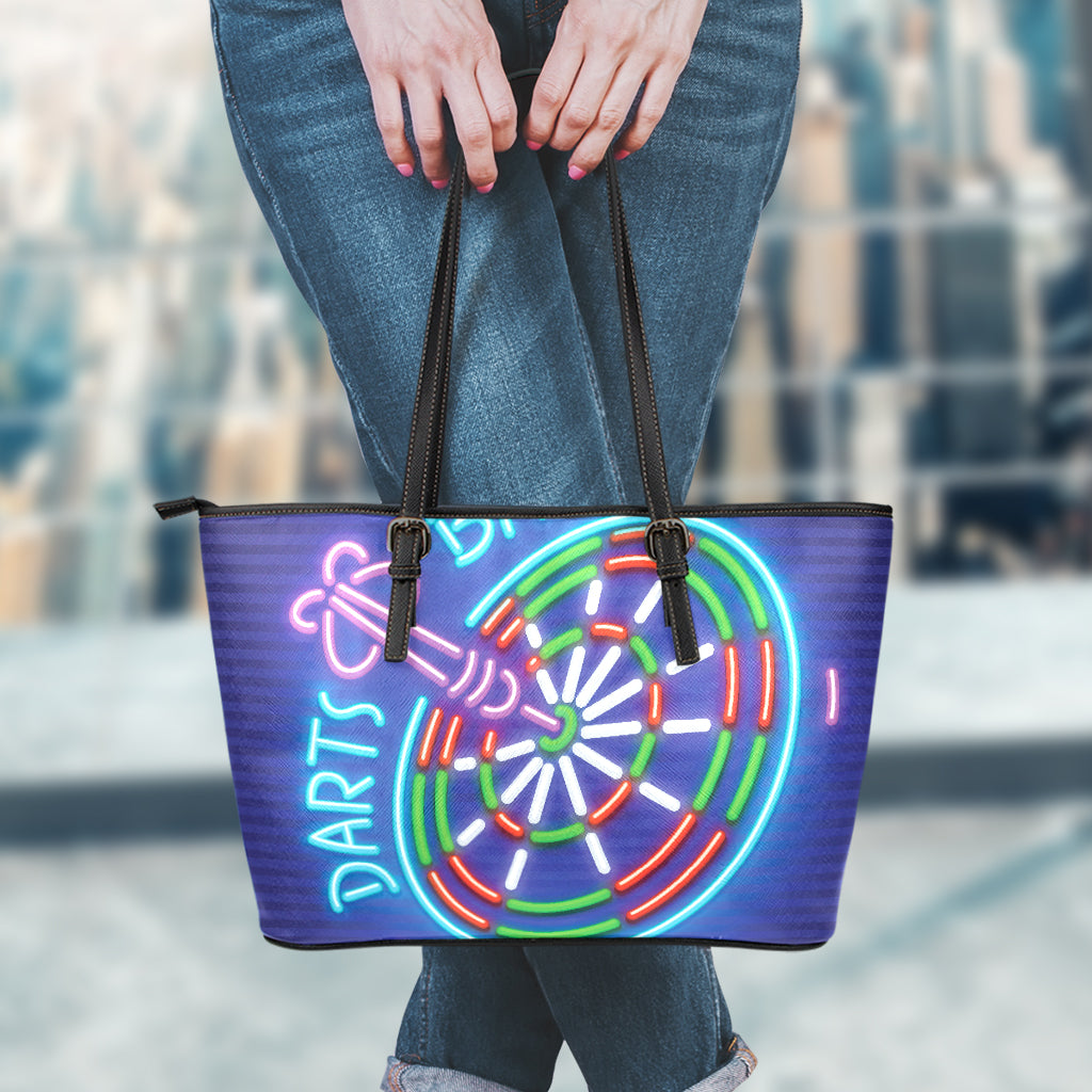 Darts Bar Sign Print Leather Tote Bag