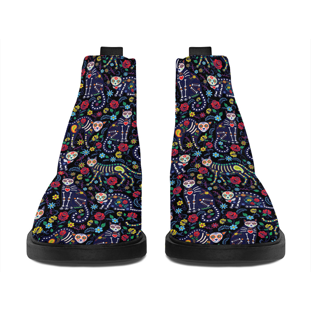 Day Of The Dead Calavera Cat Print Flat Ankle Boots