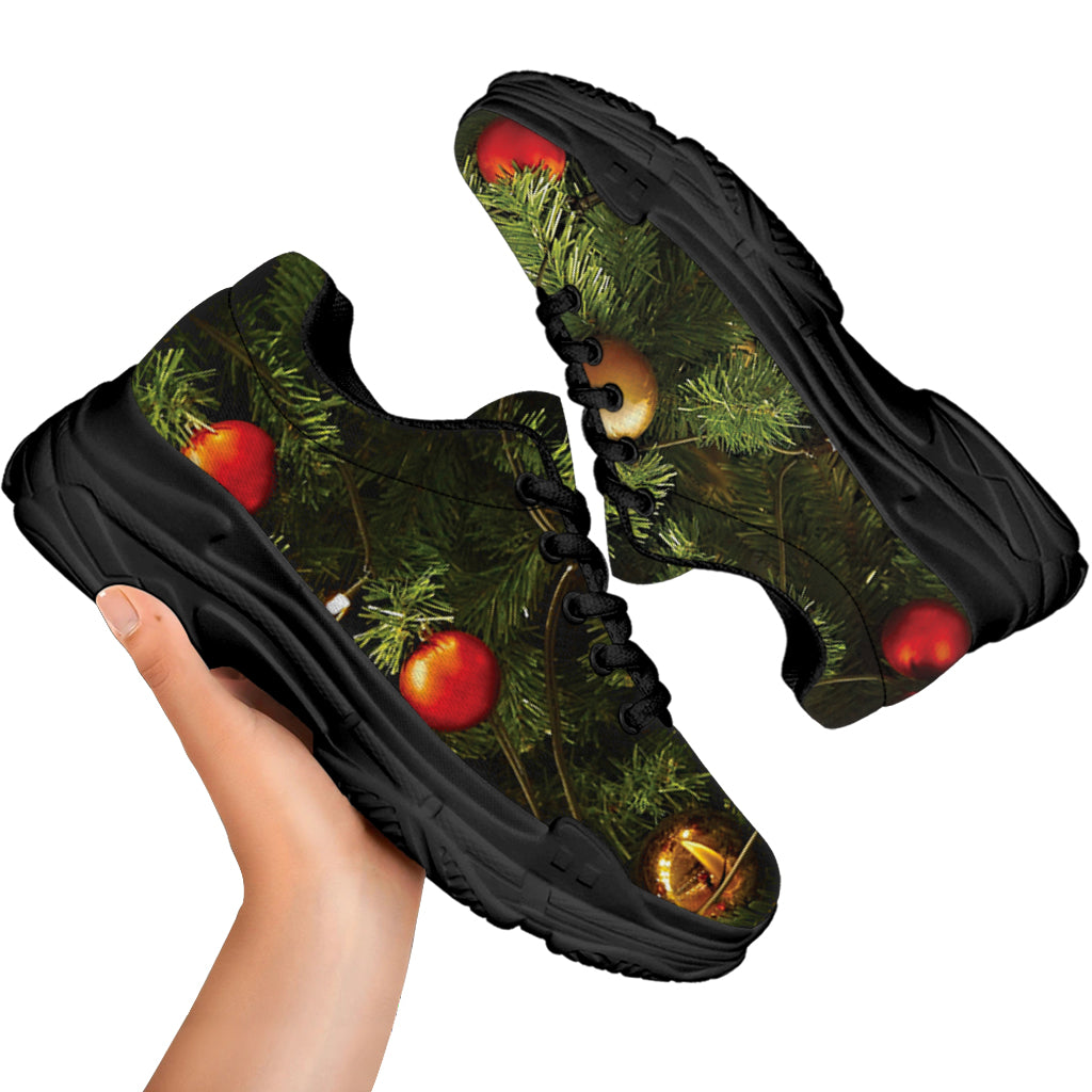 Decorated Christmas Tree Print Black Chunky Shoes