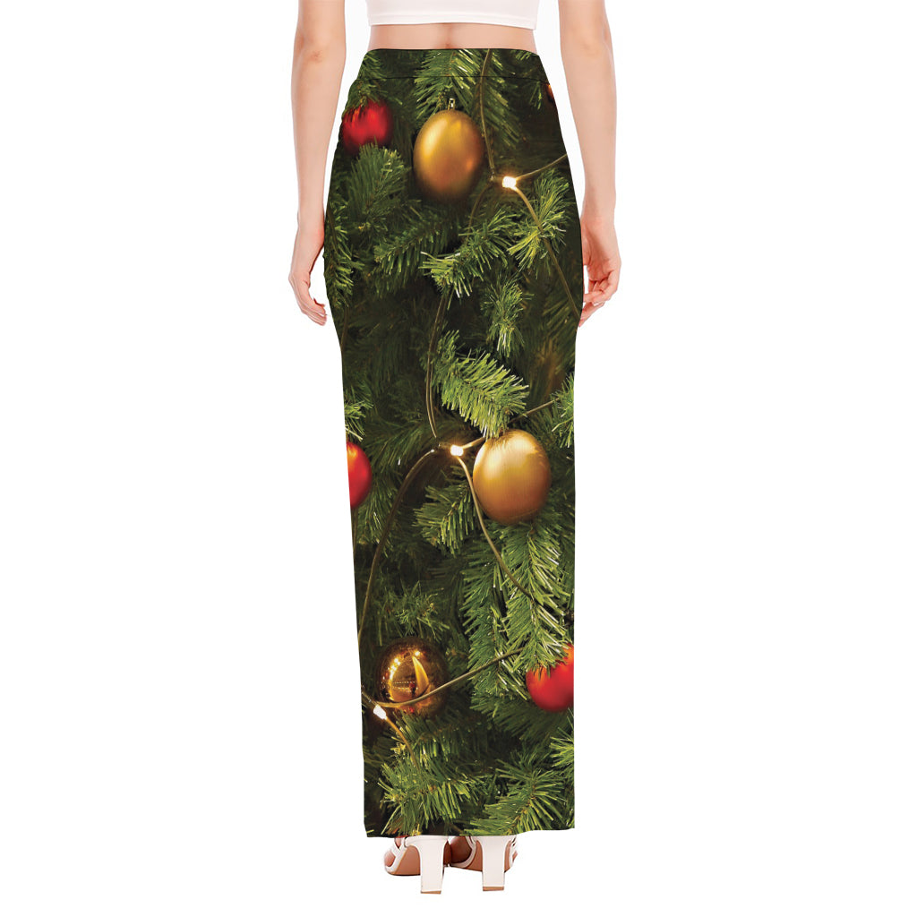 Decorated Christmas Tree Print High Slit Maxi Skirt