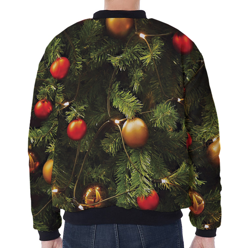 Decorated Christmas Tree Print Zip Sleeve Bomber Jacket