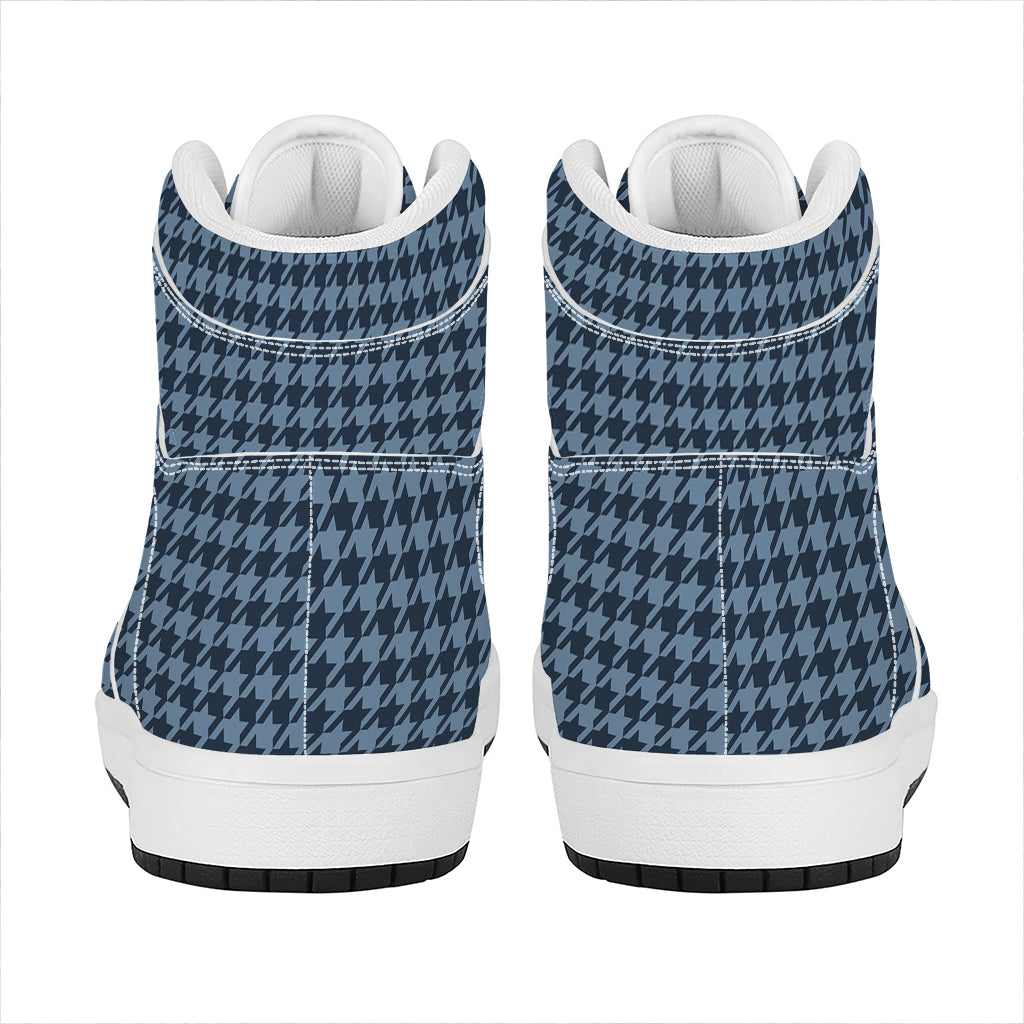 Deep Blue Houndstooth Pattern Print High Top Leather Sneakers