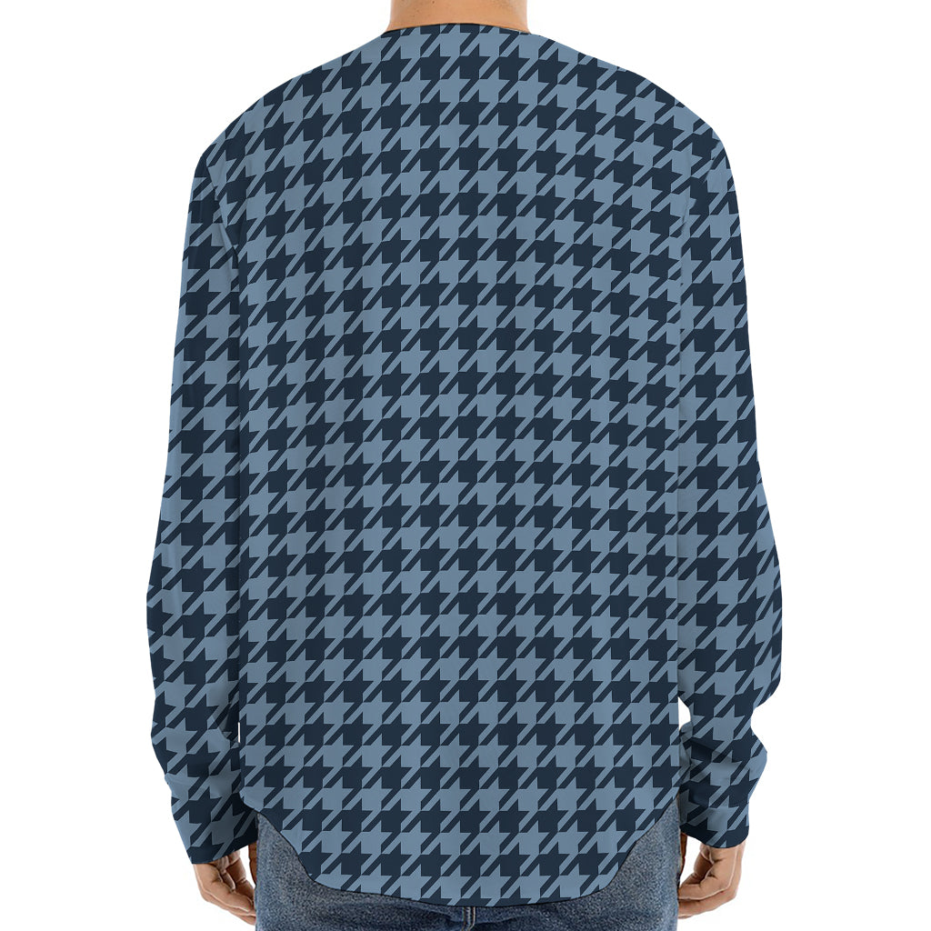 Deep Blue Houndstooth Pattern Print Long Sleeve Baseball Jersey