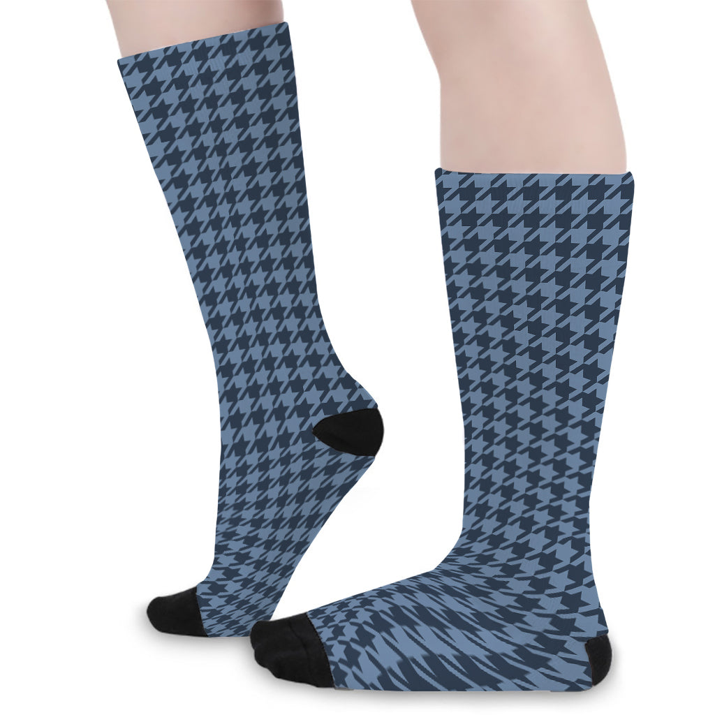 Deep Blue Houndstooth Pattern Print Long Socks
