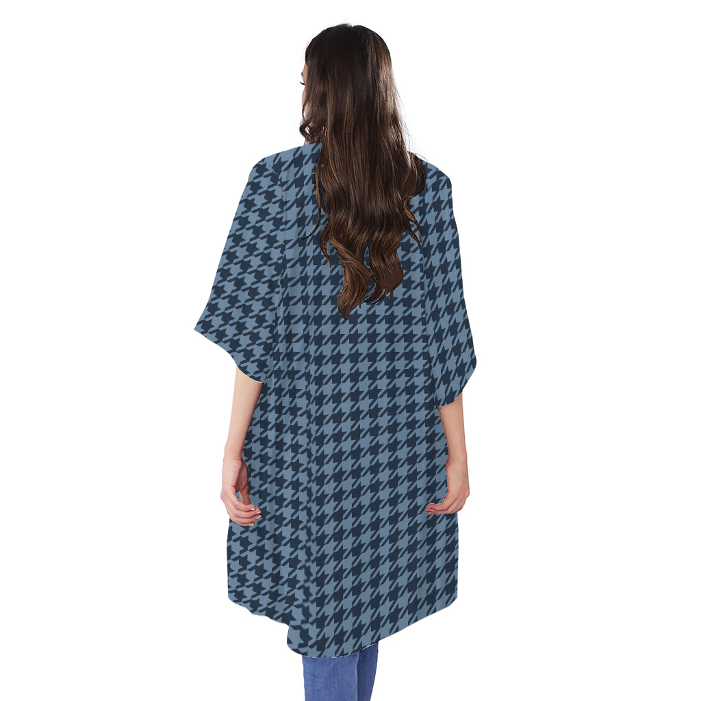 Deep Blue Houndstooth Pattern Print Open Front Beach Cover Up