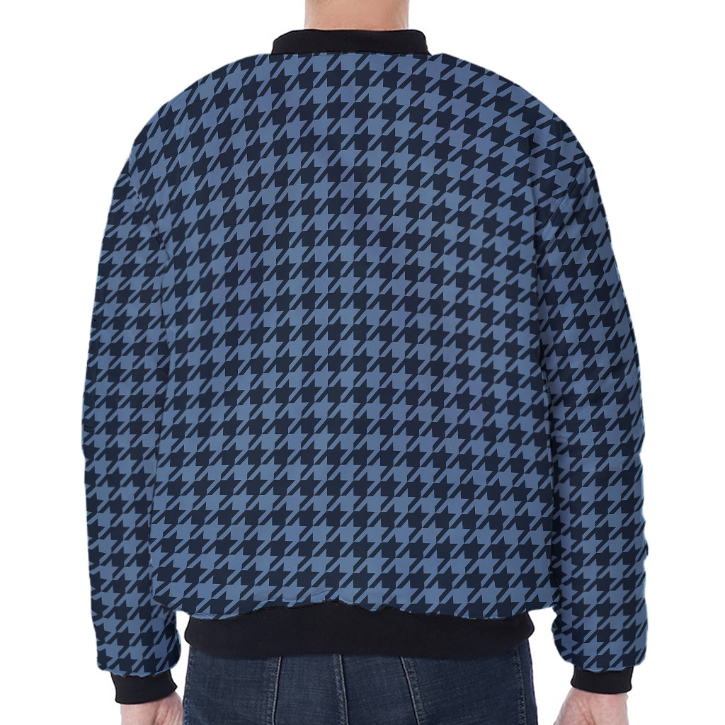 Deep Blue Houndstooth Pattern Print Zip Sleeve Bomber Jacket