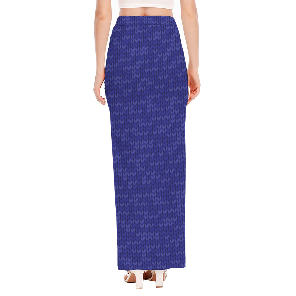 Deep Blue Knitted Pattern Print High Slit Maxi Skirt