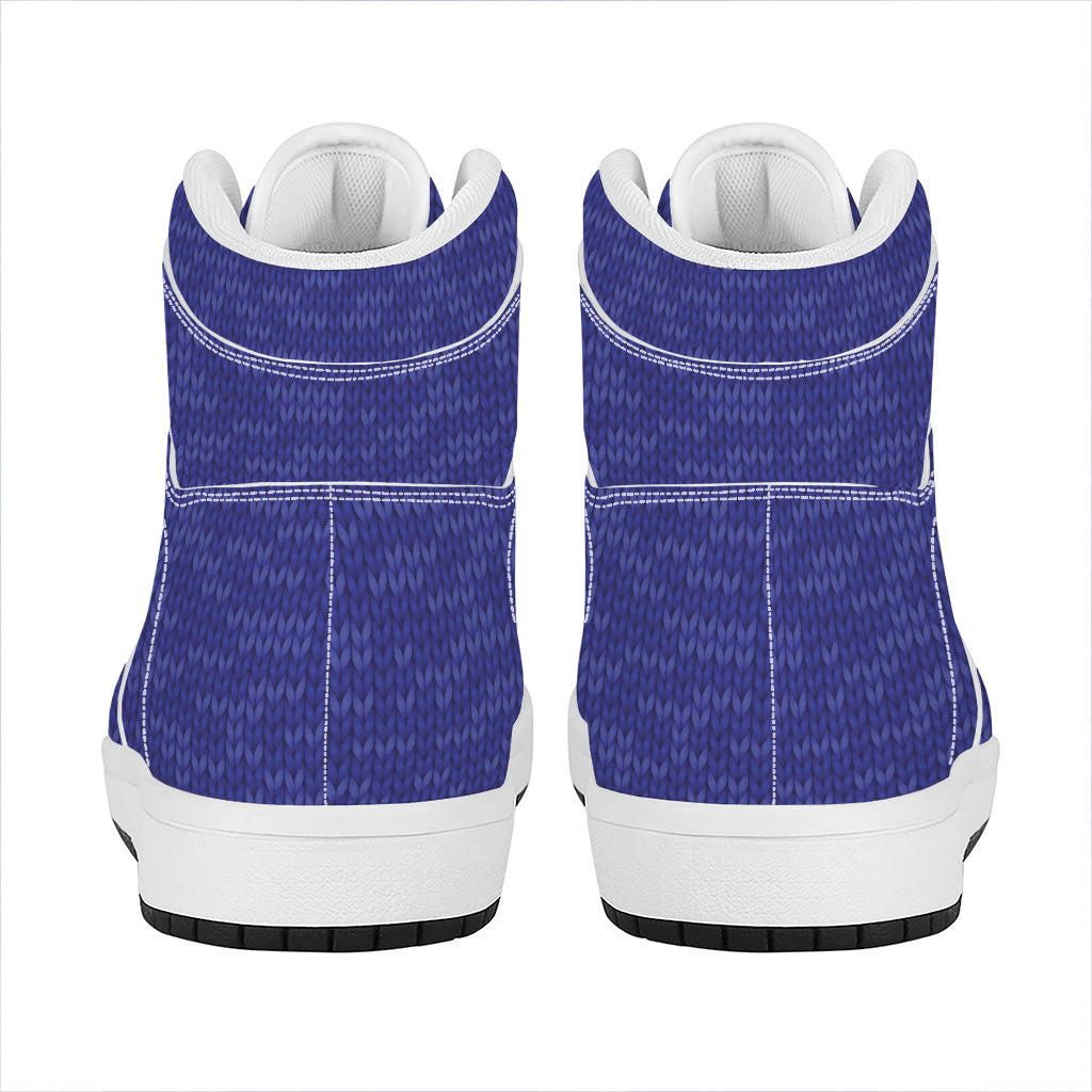Deep Blue Knitted Pattern Print High Top Leather Sneakers