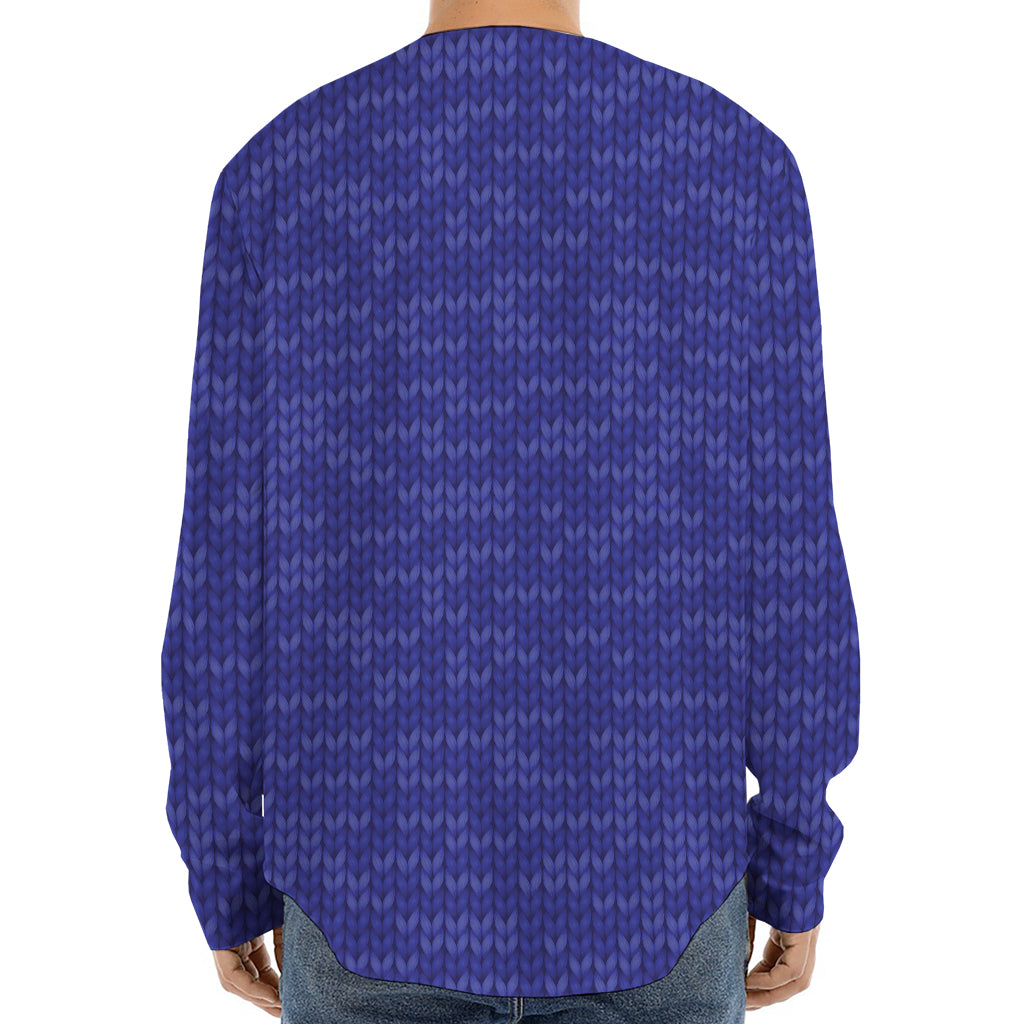 Deep Blue Knitted Pattern Print Long Sleeve Baseball Jersey