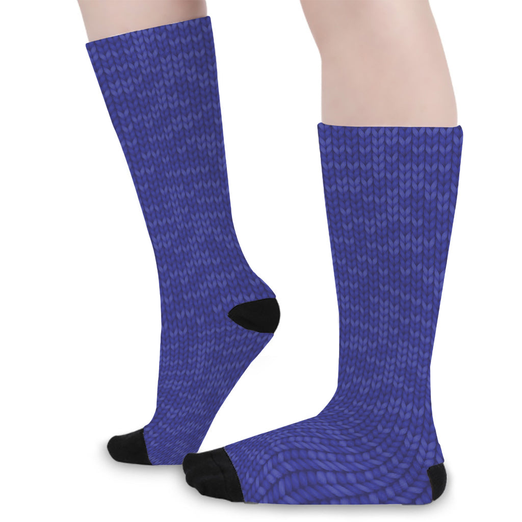 Deep Blue Knitted Pattern Print Long Socks