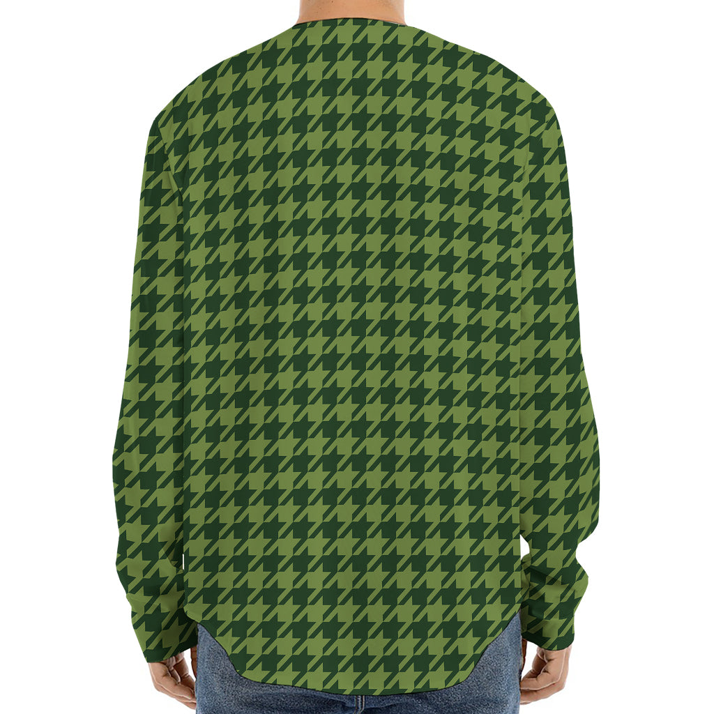 Deep Green Houndstooth Pattern Print Long Sleeve Baseball Jersey