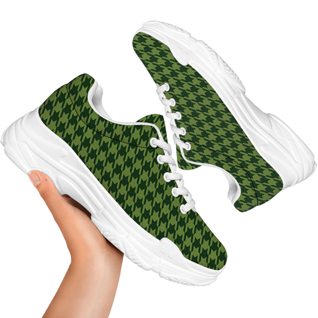 Deep Green Houndstooth Pattern Print White Chunky Shoes