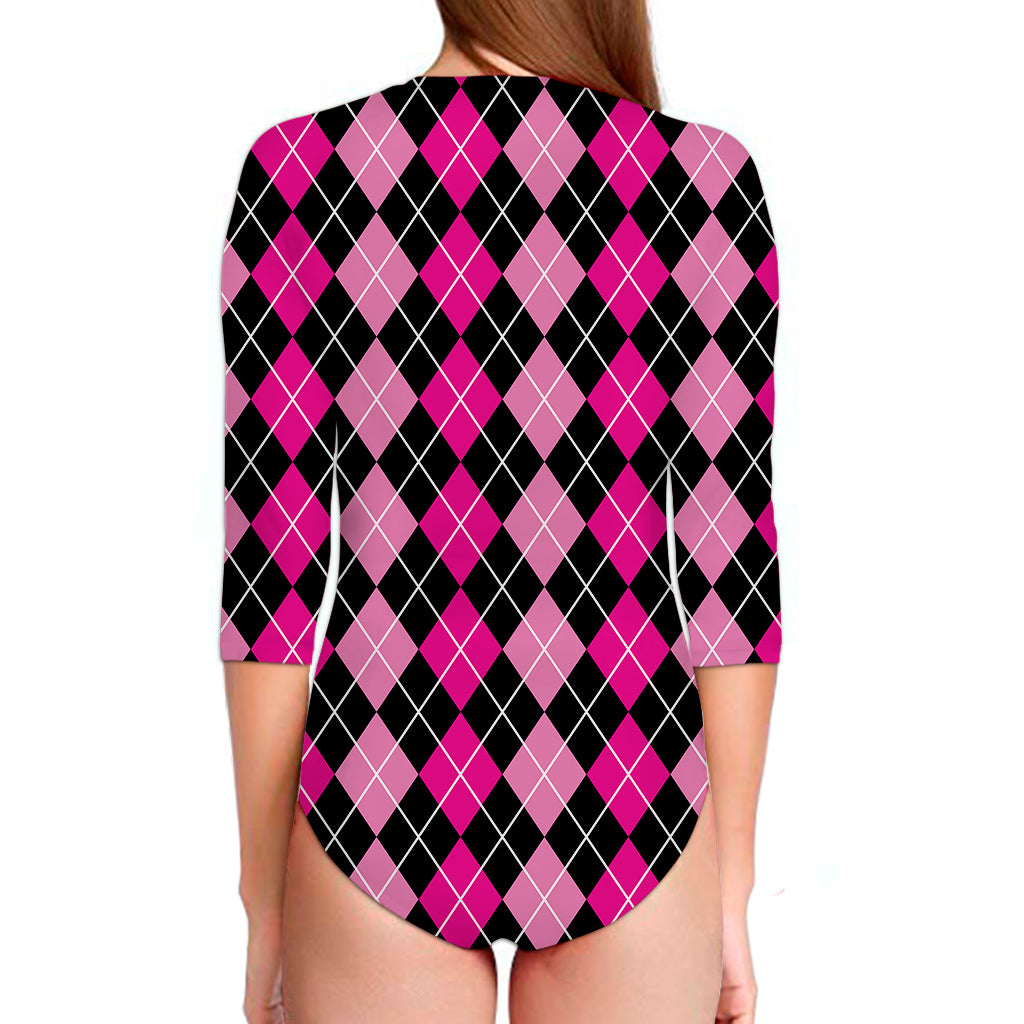 Deep Pink And Black Argyle Pattern Print Long Sleeve Swimsuit