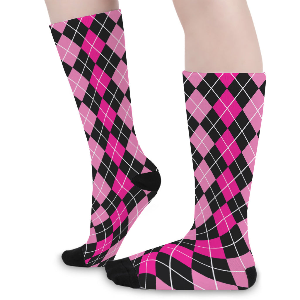 Deep Pink And Black Argyle Pattern Print Long Socks