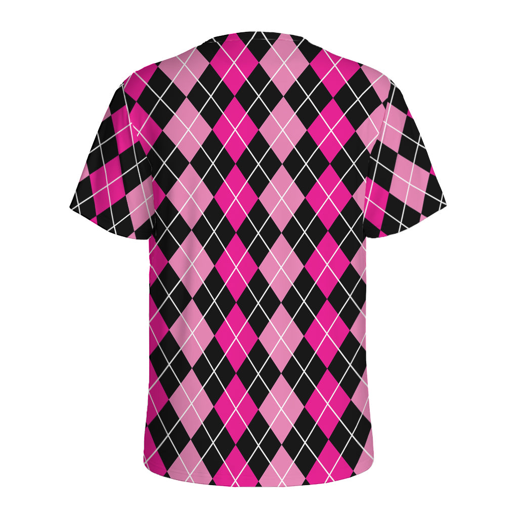 Deep Pink And Black Argyle Pattern Print Men's Sports T-Shirt