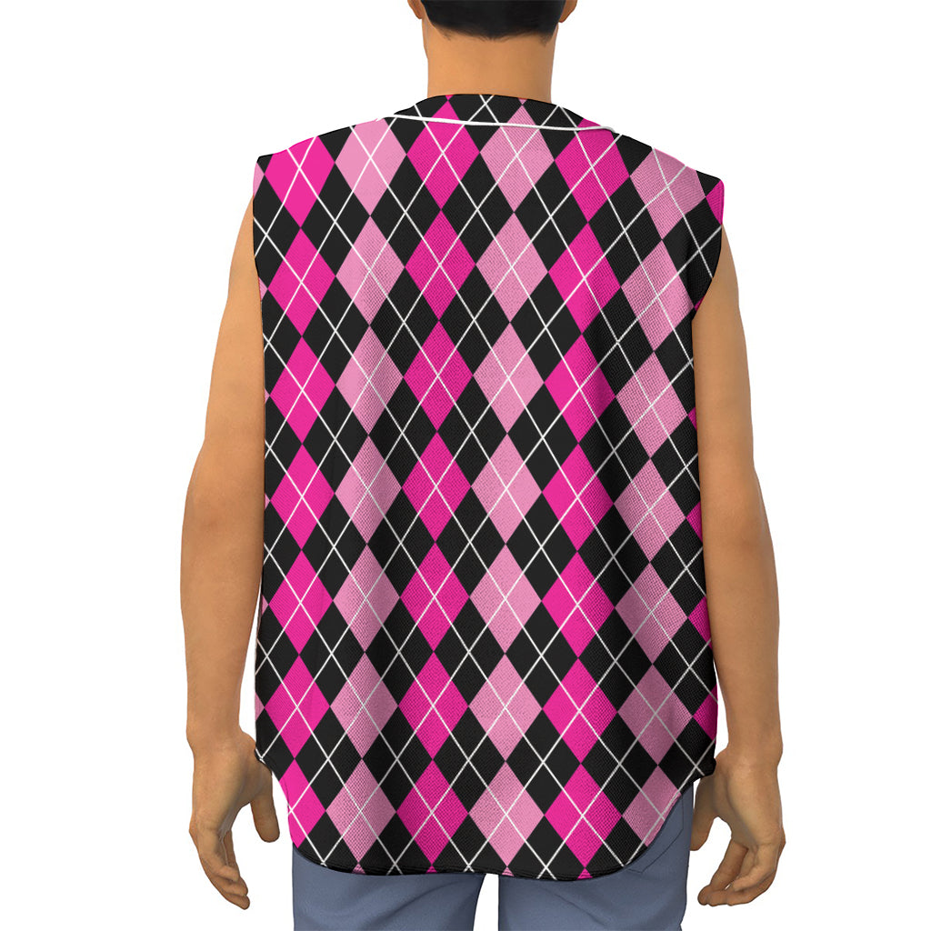 Deep Pink And Black Argyle Pattern Print Sleeveless Baseball Jersey