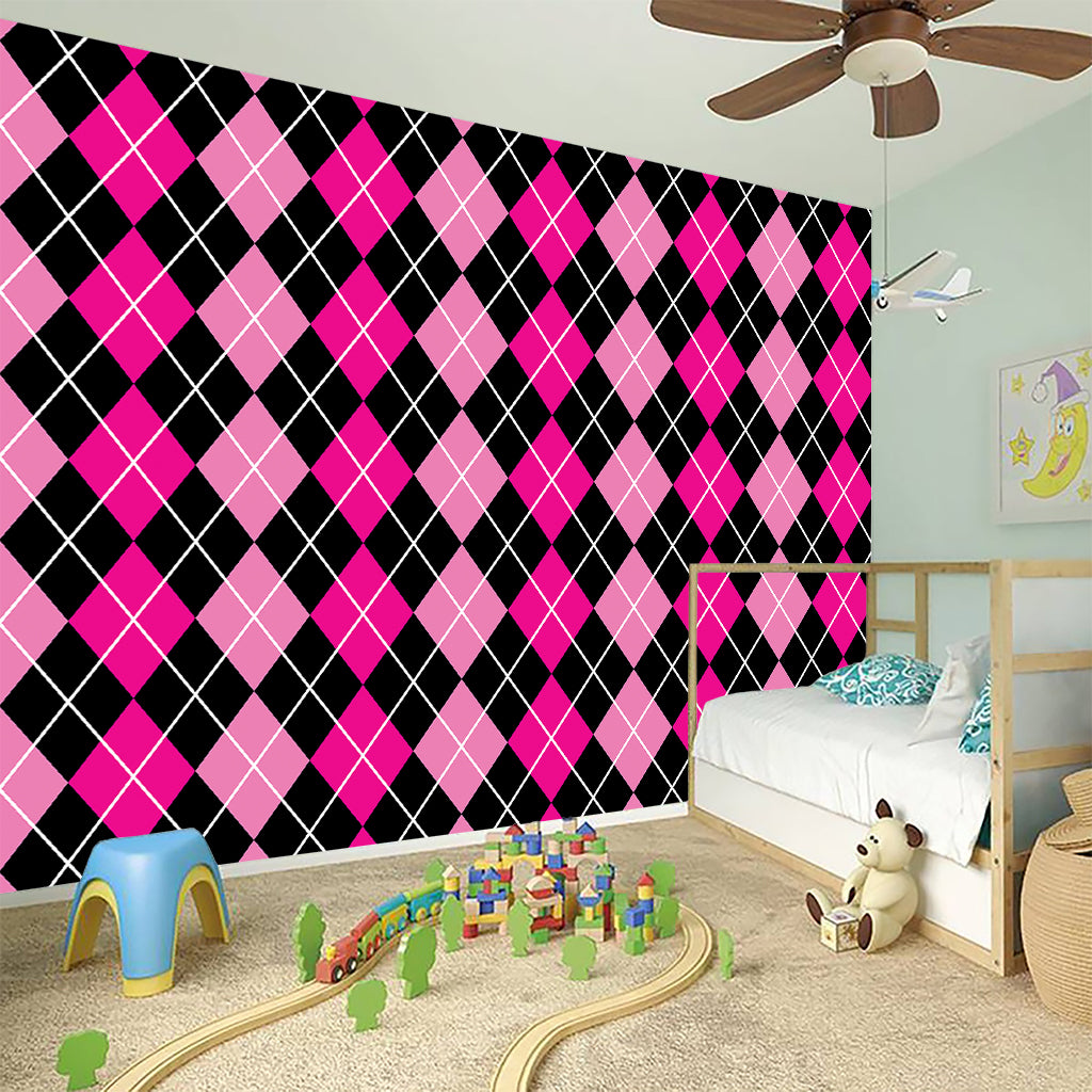 Deep Pink And Black Argyle Pattern Print Wall Sticker