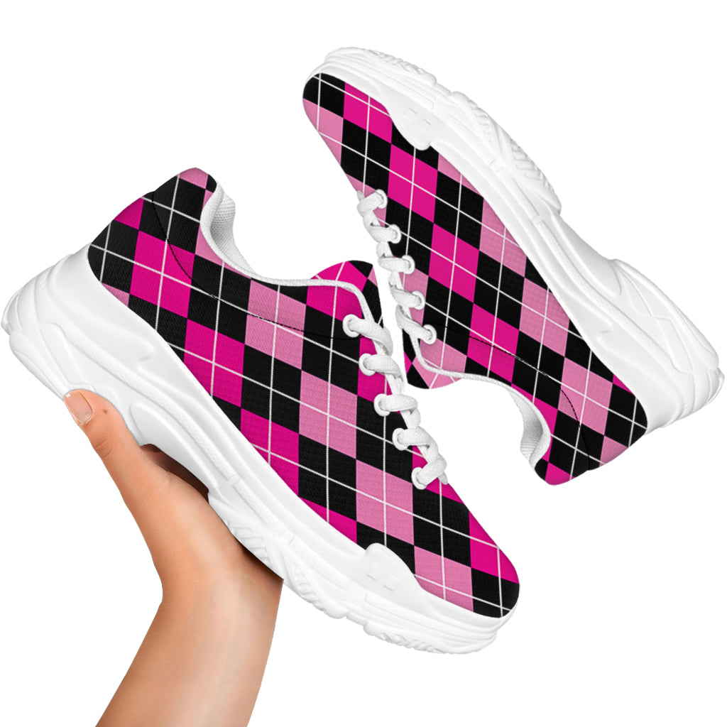 Deep Pink And Black Argyle Pattern Print White Chunky Shoes