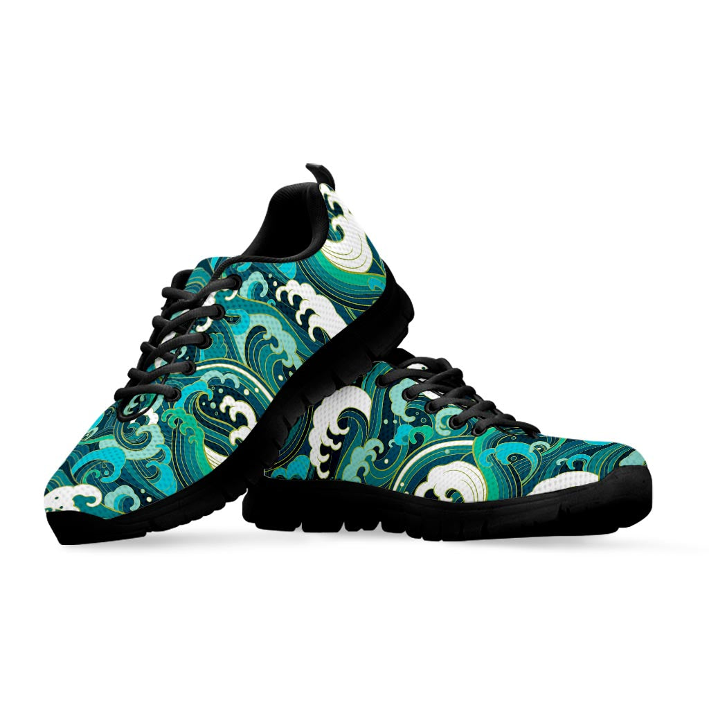 Deep Sea Wave Surfing Pattern Print Black Running Shoes