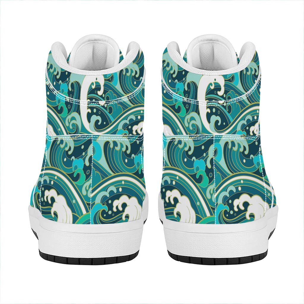 Deep Sea Wave Surfing Pattern Print High Top Leather Sneakers