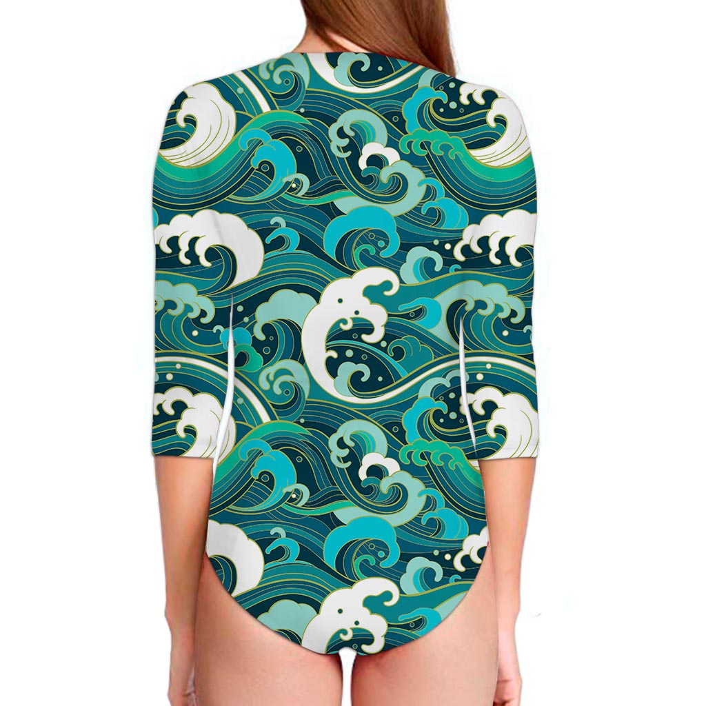 Deep Sea Wave Surfing Pattern Print Long Sleeve Swimsuit