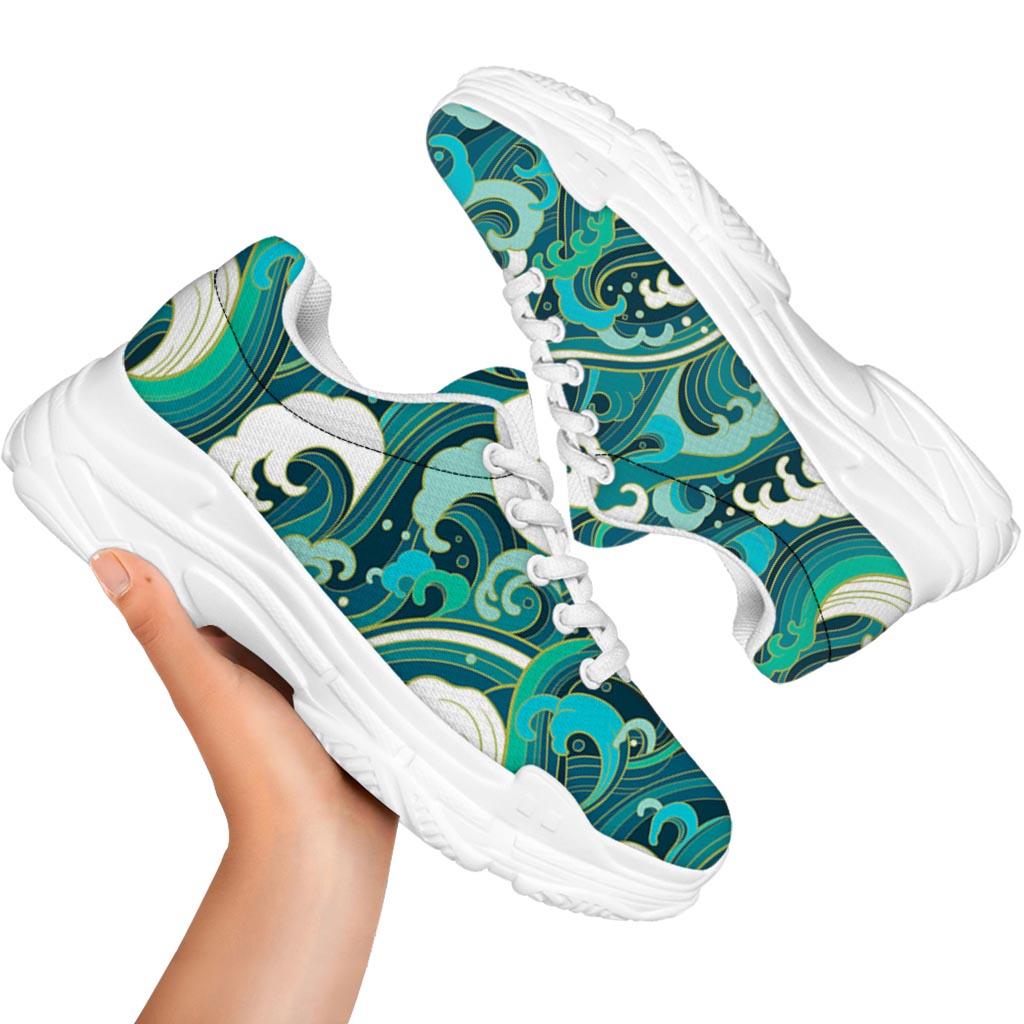 Deep Sea Wave Surfing Pattern Print White Chunky Shoes
