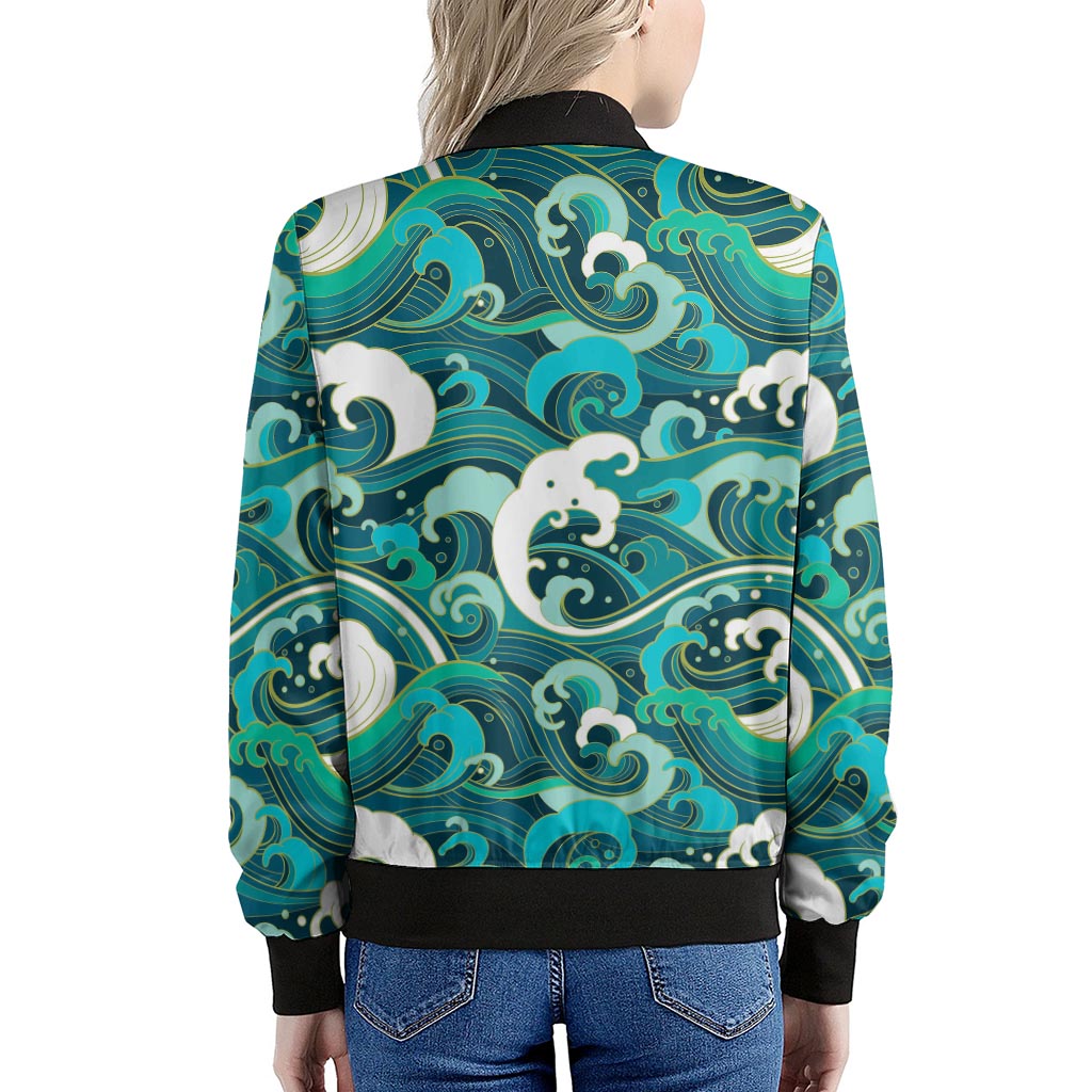 Deep Sea Wave Surfing Pattern Print Women's Bomber Jacket