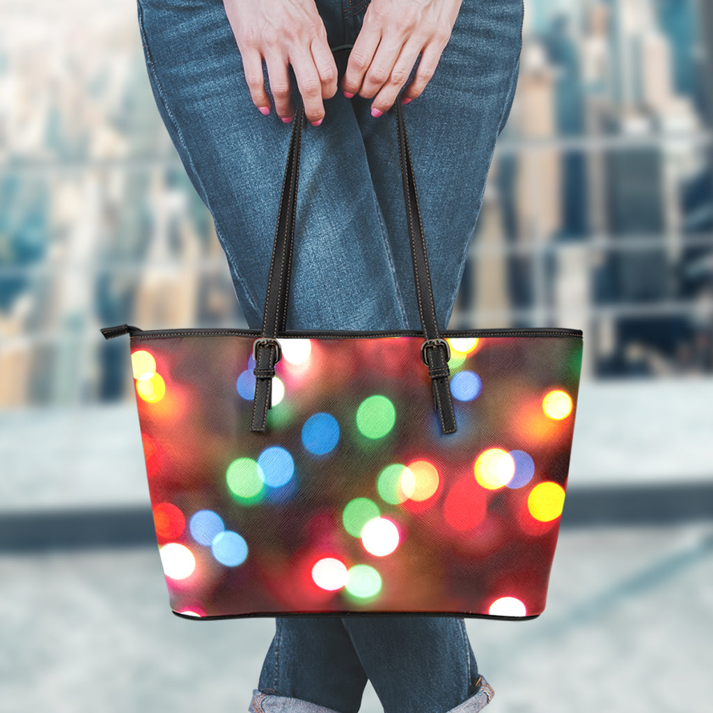 Defocused Christmas Lights Print Leather Tote Bag
