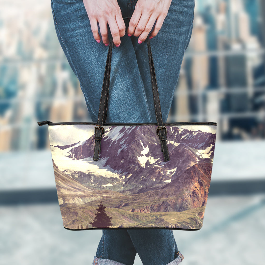 Denali Mountain Print Leather Tote Bag