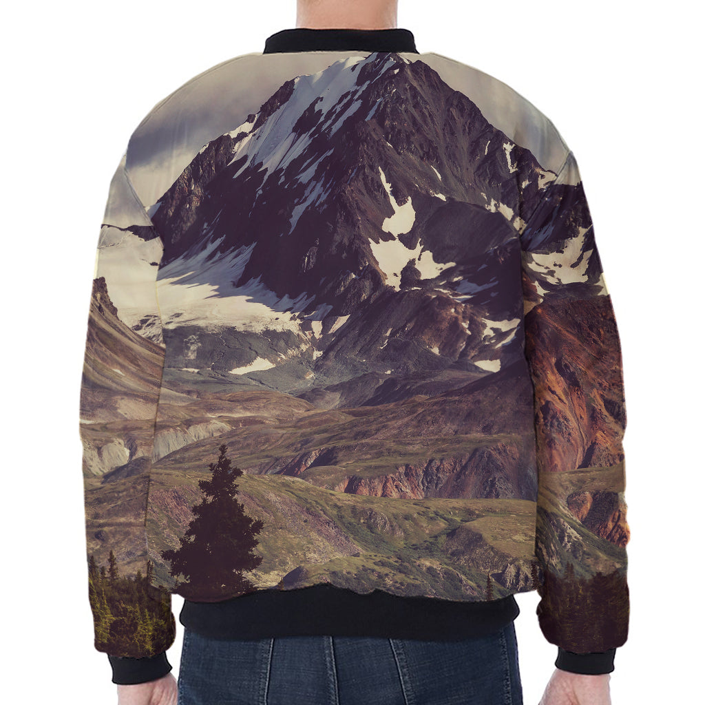 Denali Mountain Print Zip Sleeve Bomber Jacket
