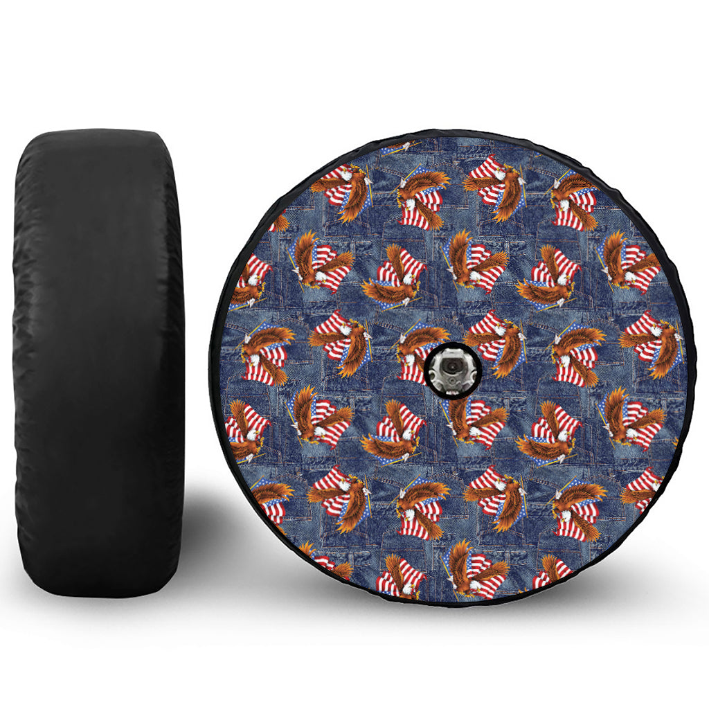 Denim American Eagle Pattern Print Tire Cover With Camera Hole