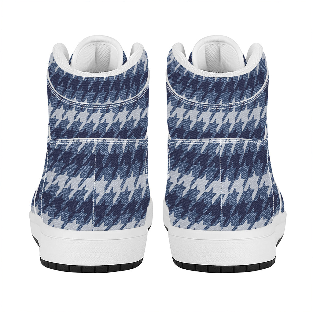 Denim Houndstooth Pattern Print High Top Leather Sneakers