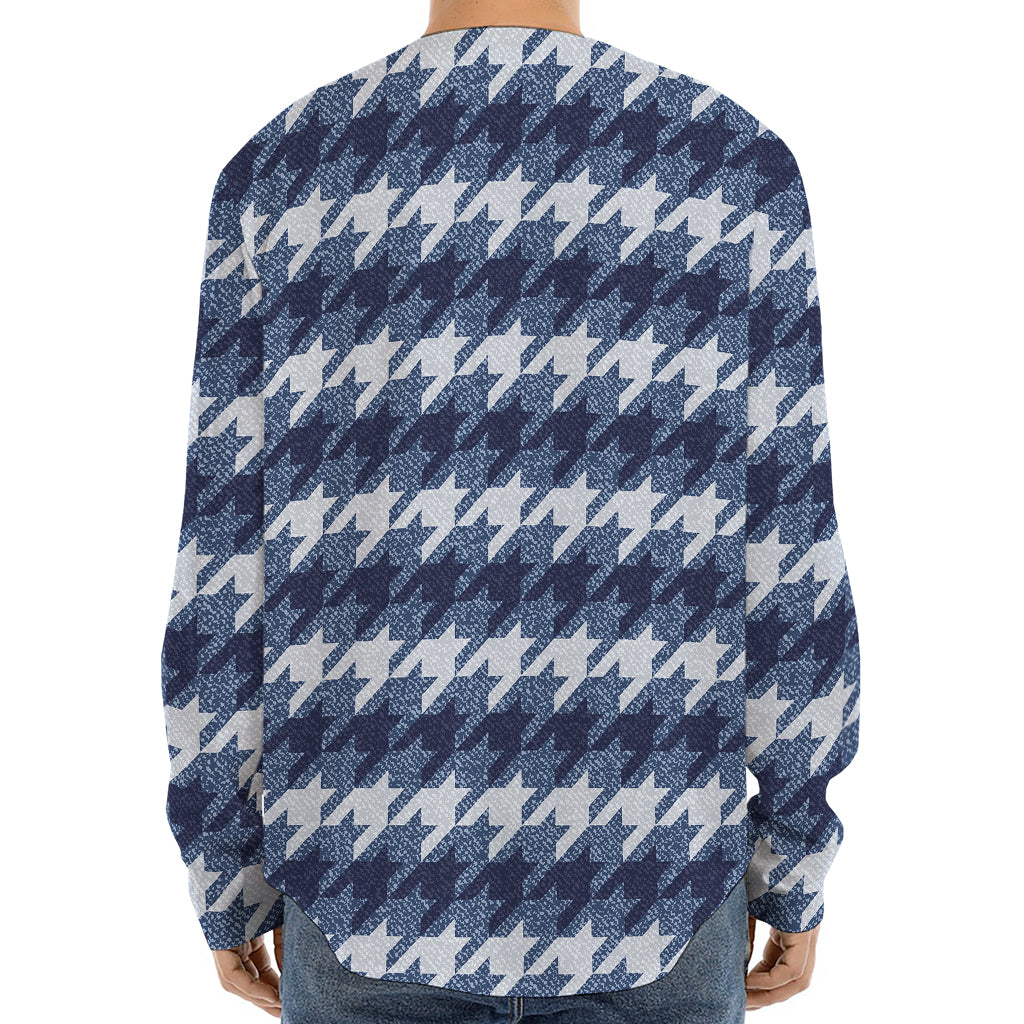Denim Houndstooth Pattern Print Long Sleeve Baseball Jersey