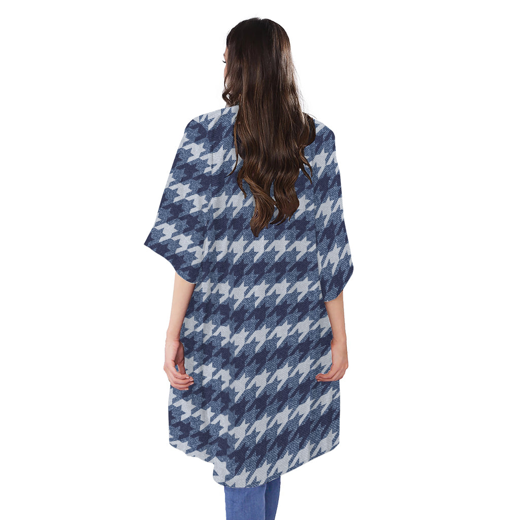 Denim Houndstooth Pattern Print Open Front Beach Cover Up
