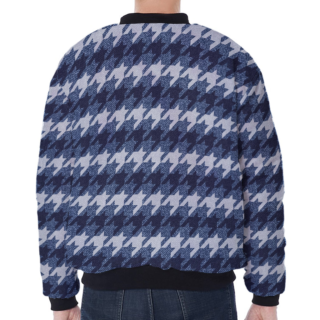 Denim Houndstooth Pattern Print Zip Sleeve Bomber Jacket