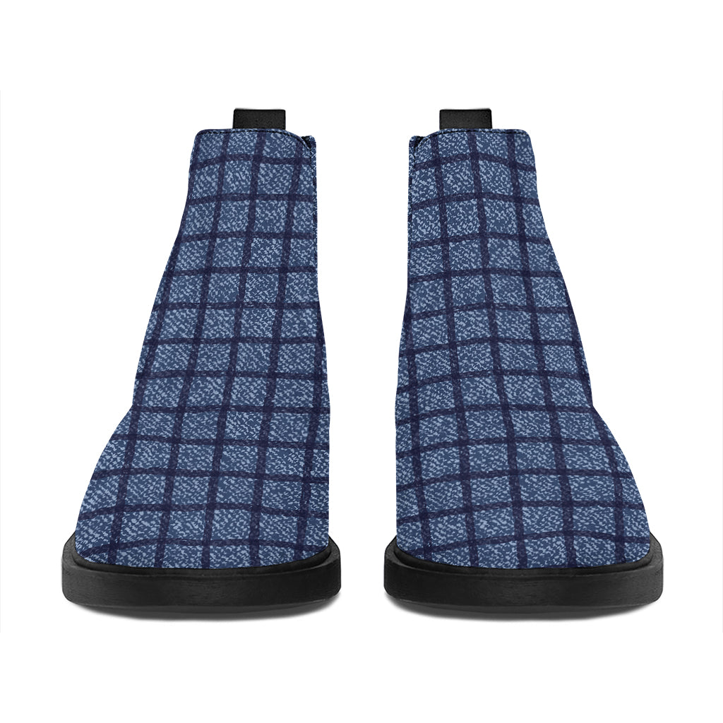 Denim Windowpane Pattern Print Flat Ankle Boots
