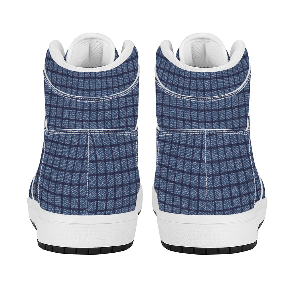 Denim Windowpane Pattern Print High Top Leather Sneakers