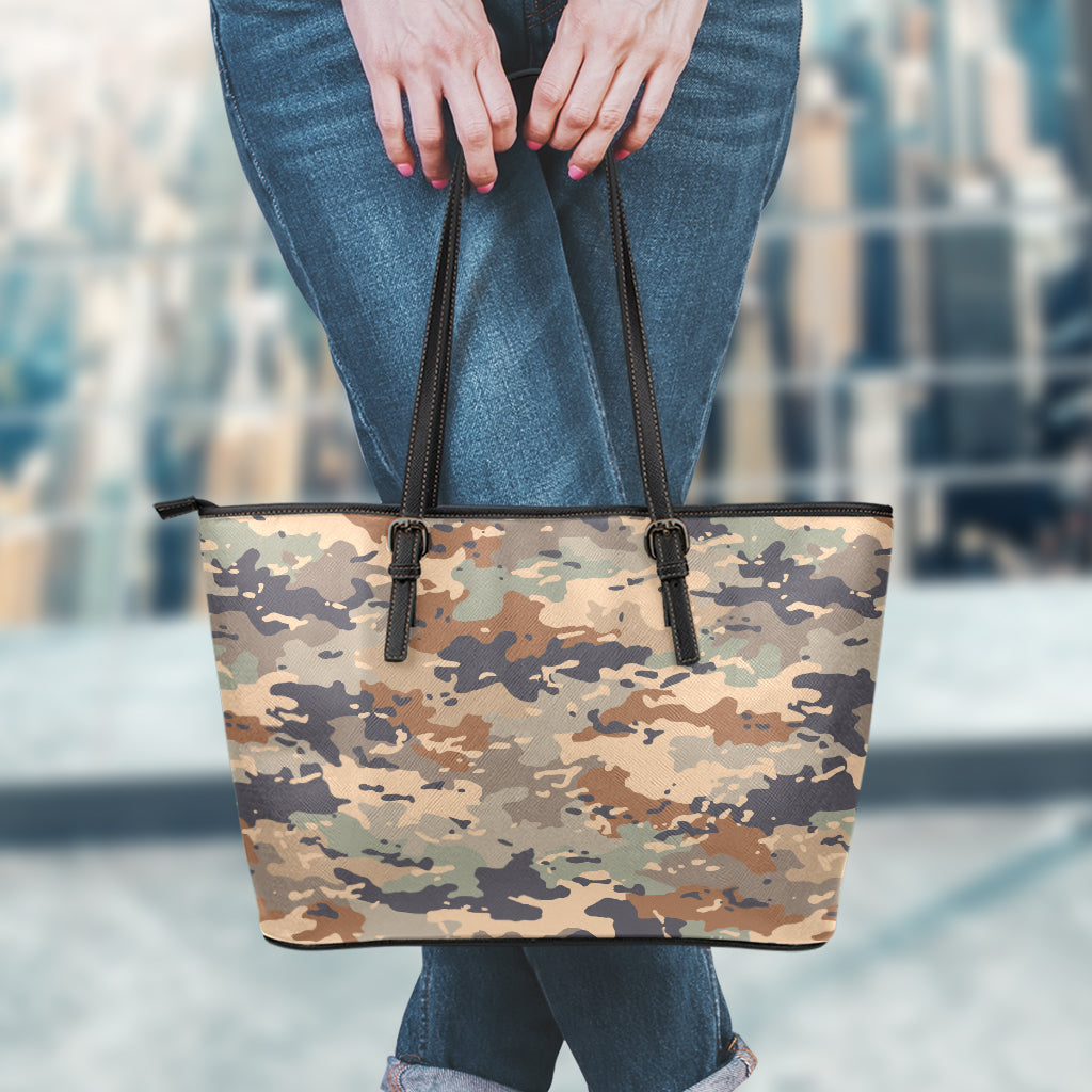Desert Camouflage Print Leather Tote Bag
