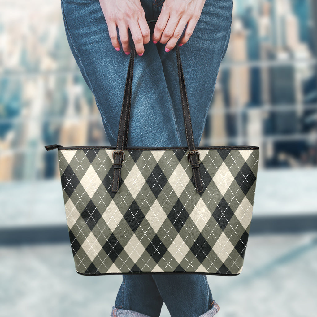 Diamond Shapes Argyle Pattern Print Leather Tote Bag