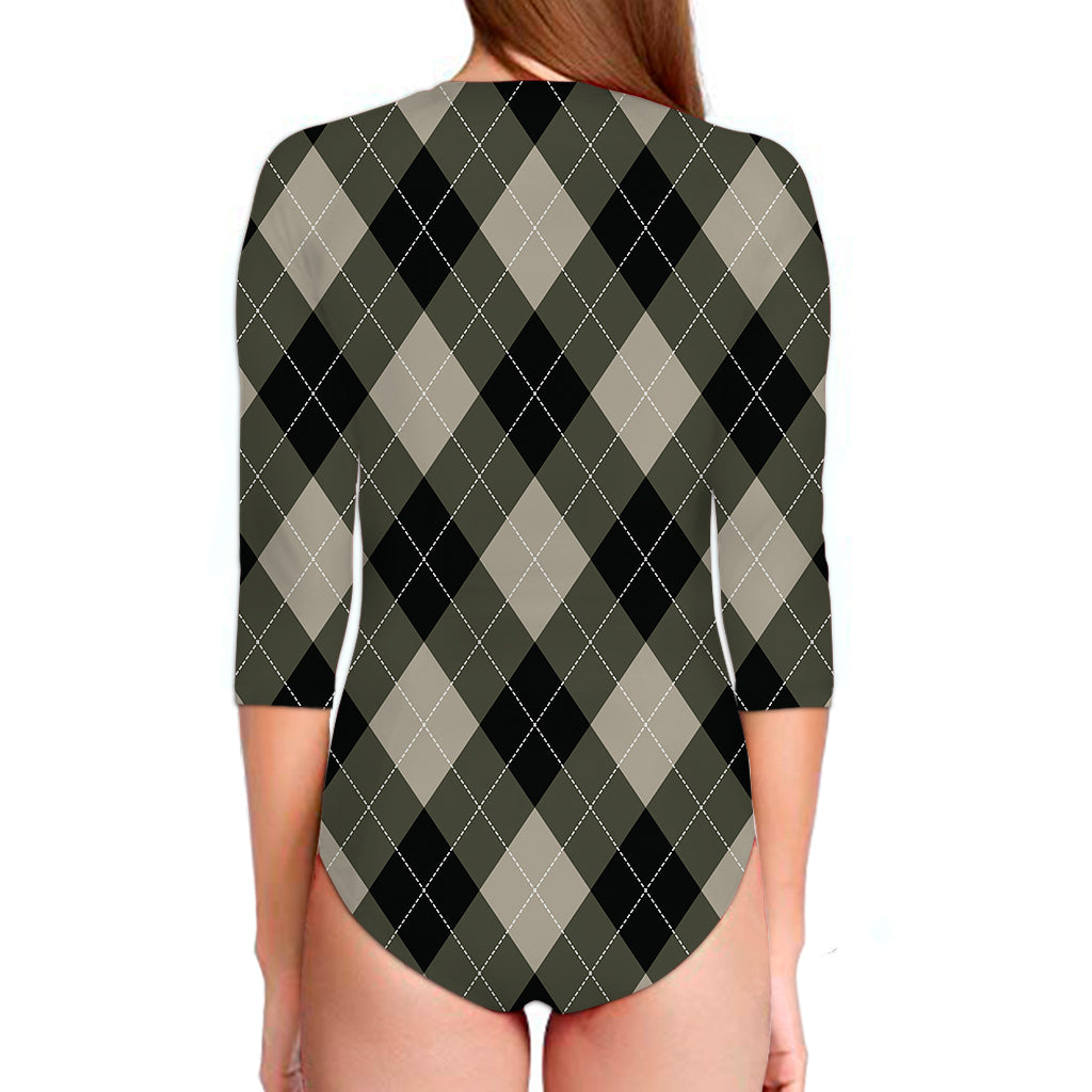 Diamond Shapes Argyle Pattern Print Long Sleeve Swimsuit