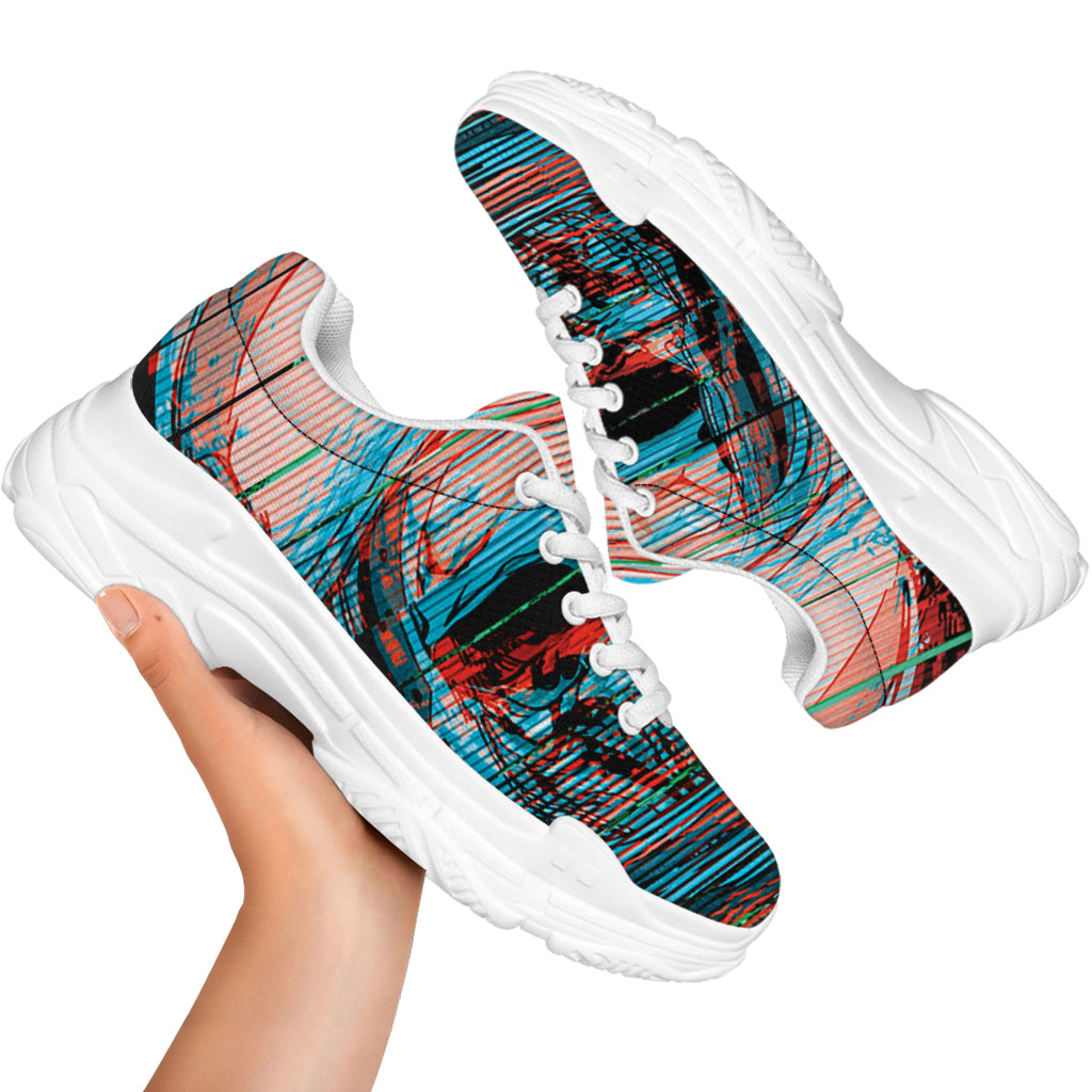 Digital Glitch Astronaut Skull Print White Chunky Shoes