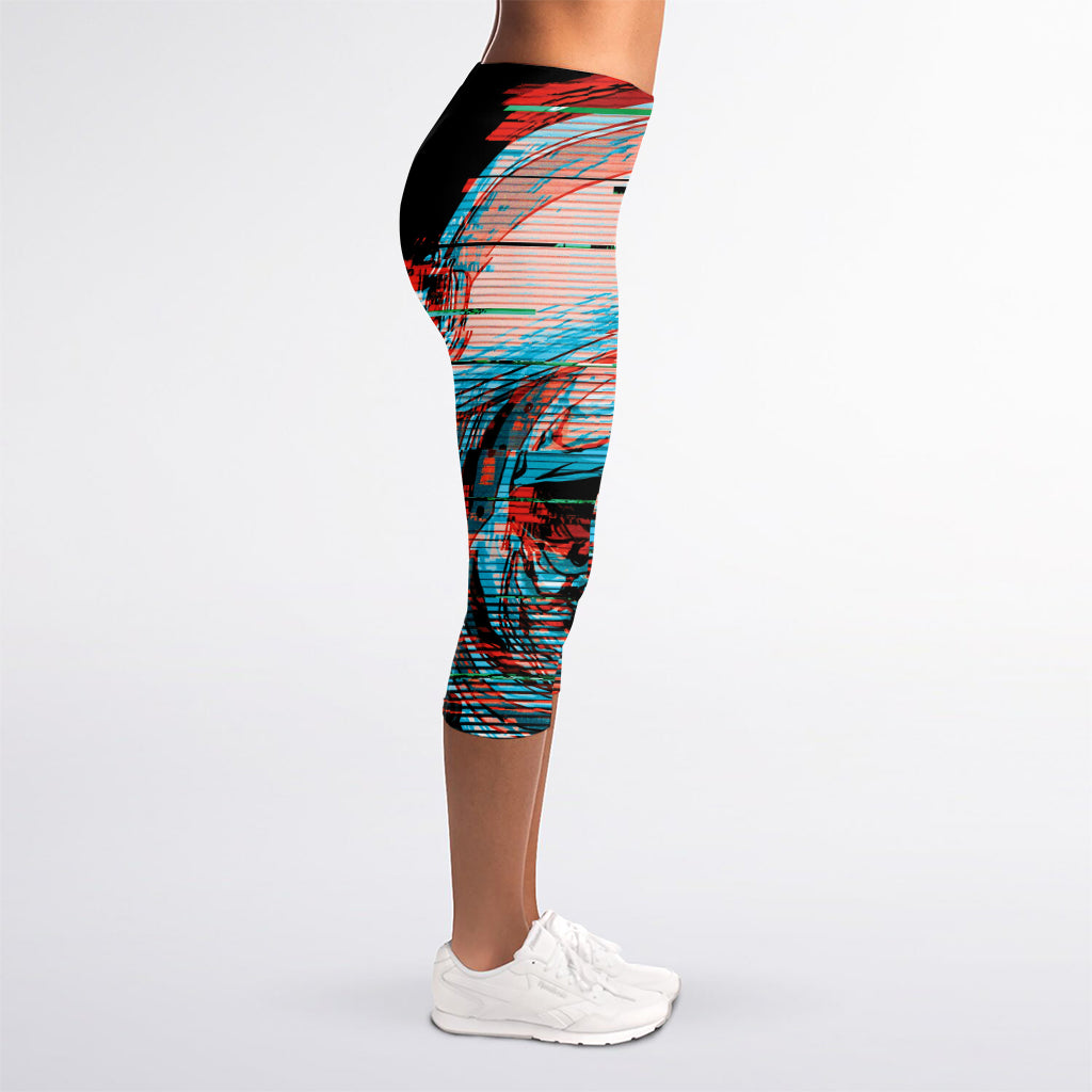 Digital Glitch Astronaut Skull Print Women's Capri Leggings