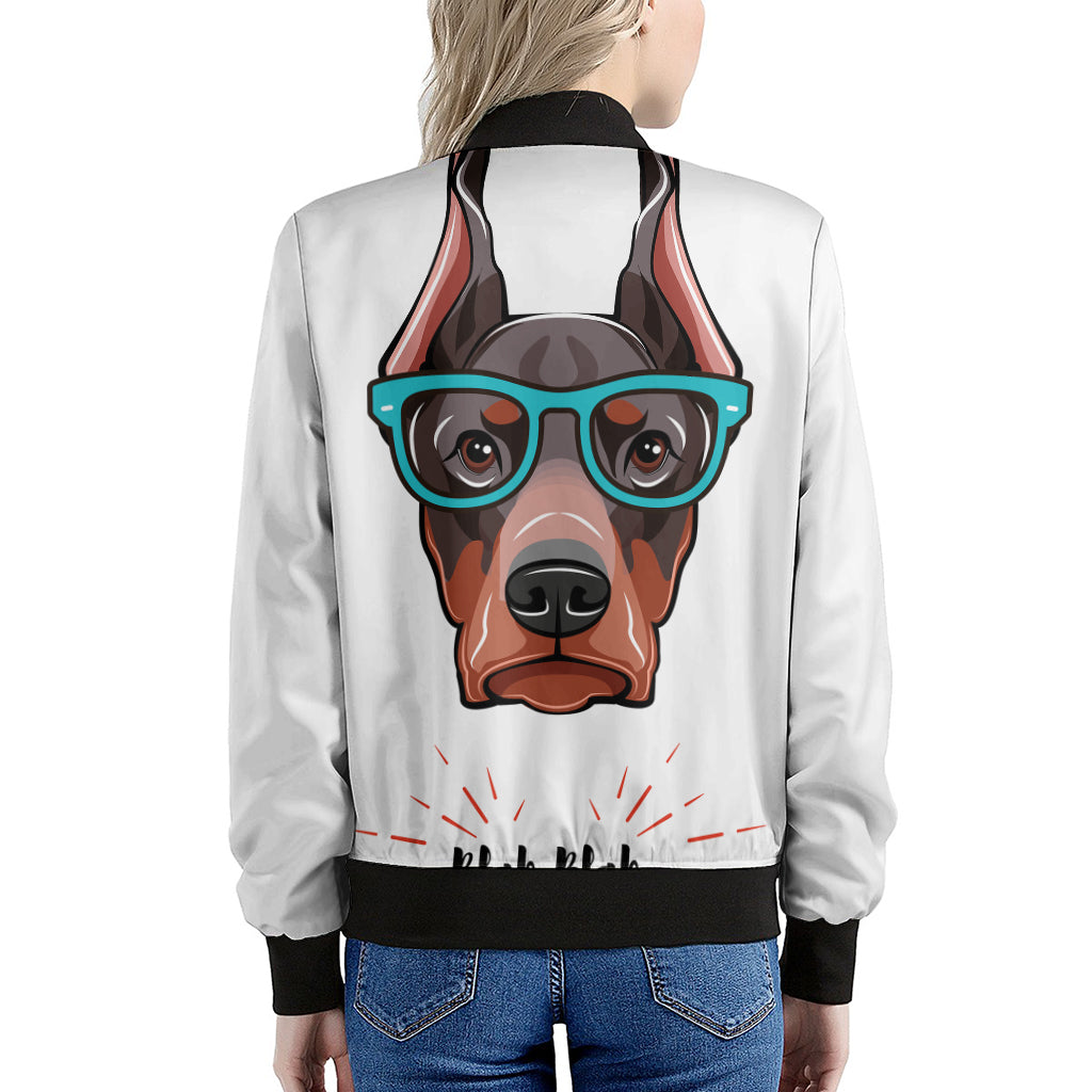 Dobermann With Glasses Print Women's Bomber Jacket