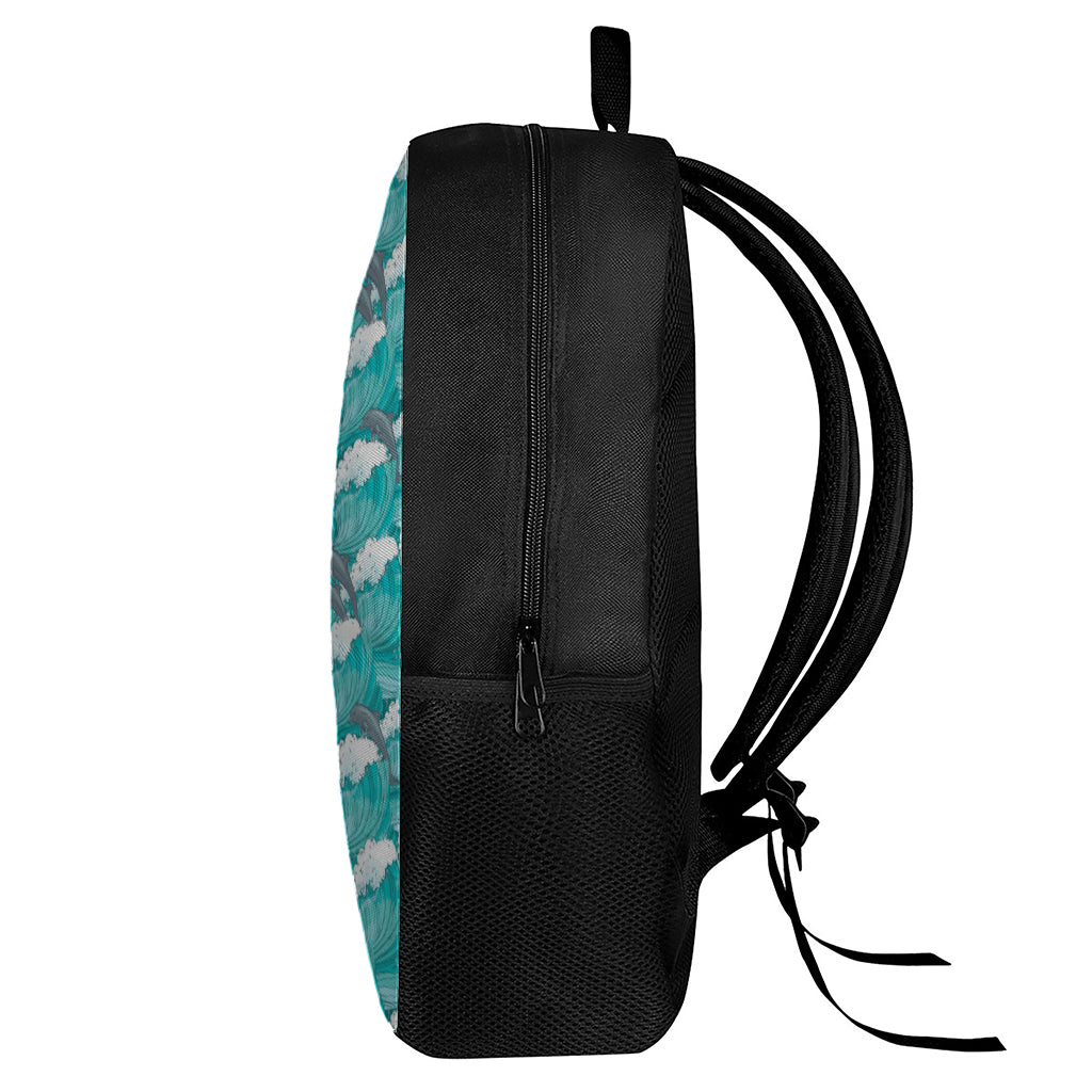 Dolphin Riding Waves Pattern Print 17 Inch Backpack
