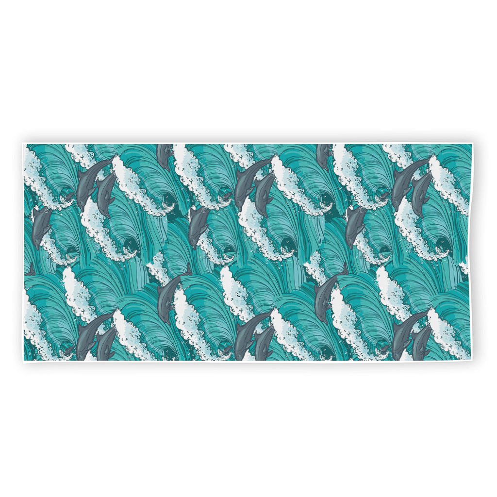 Dolphin Riding Waves Pattern Print Beach Towel