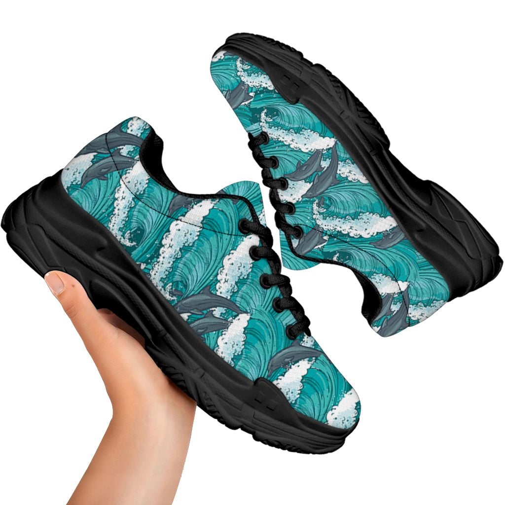 Dolphin Riding Waves Pattern Print Black Chunky Shoes