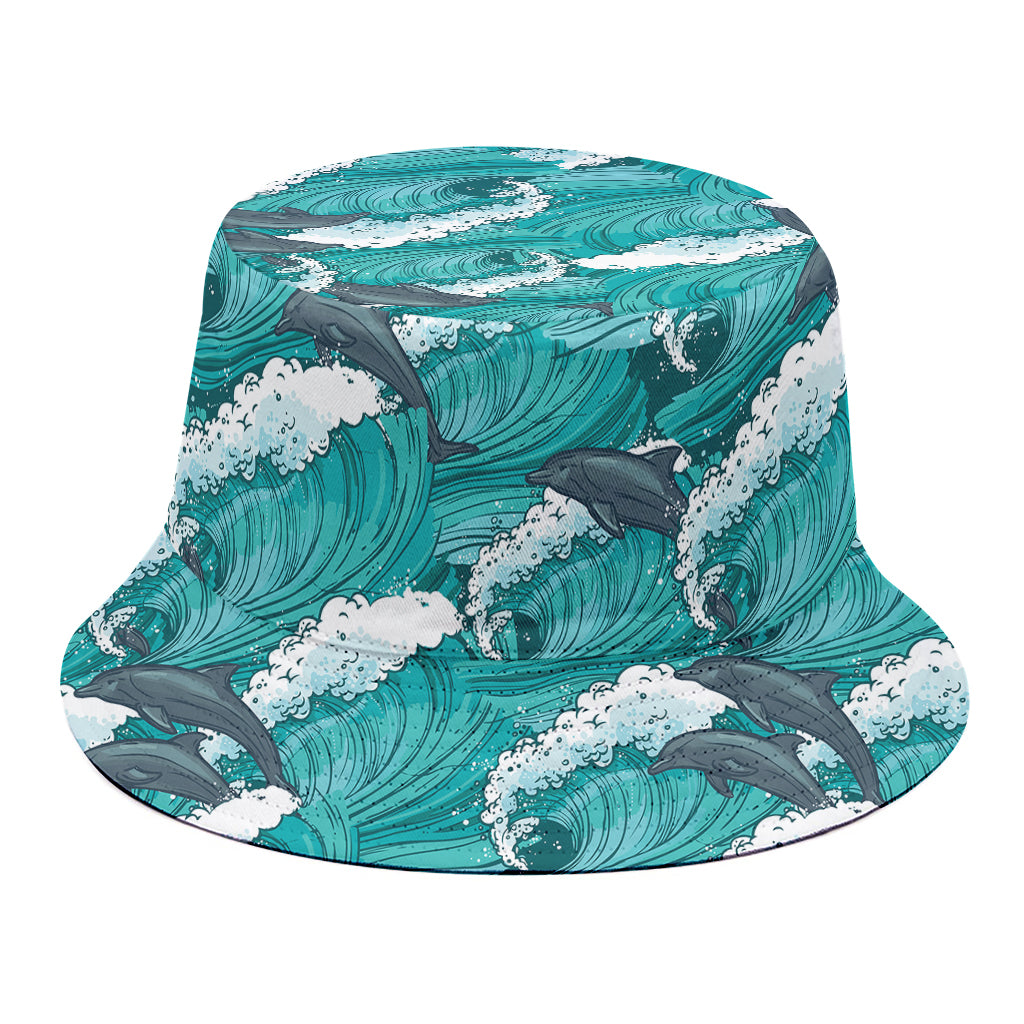 Dolphin Riding Waves Pattern Print Bucket Hat